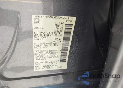 2018 Nissan Titan Sv z USA, uszkodzony, nr VIN 1N6AA1E59JN517343